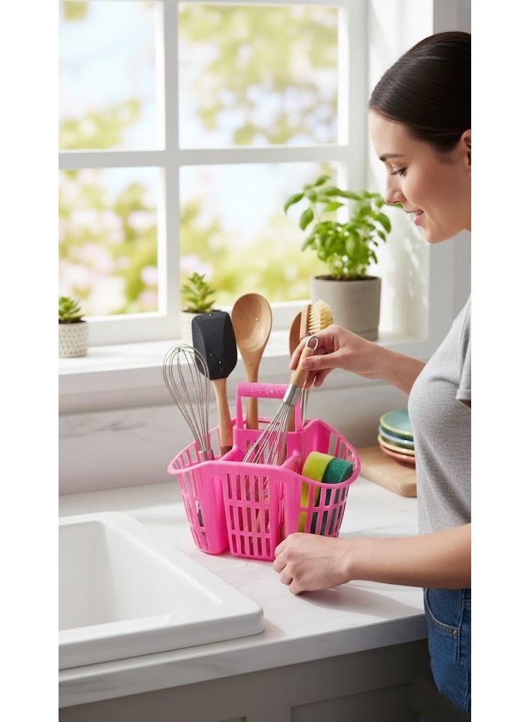 3-Compartment Plastic Cutlery Drainer & Utensil Holder - Kitchen Caddy with Safety Knife Slots & Carry Handle - Fast Drying Design - Pink (Fuchsia) - Image 5